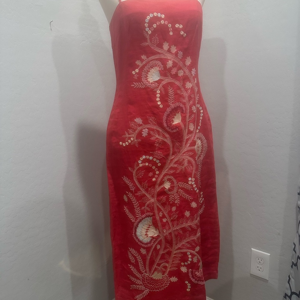 French Connection deep coral Midi Dress with pink and White Embroidery - Picture 5 of 7